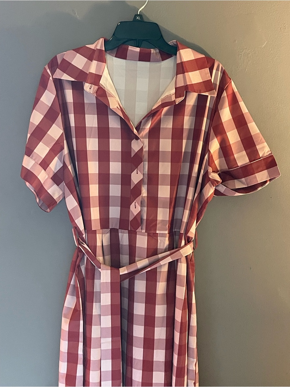 SHEIN Rose Red and Cream Checked Midi Shirt Dress